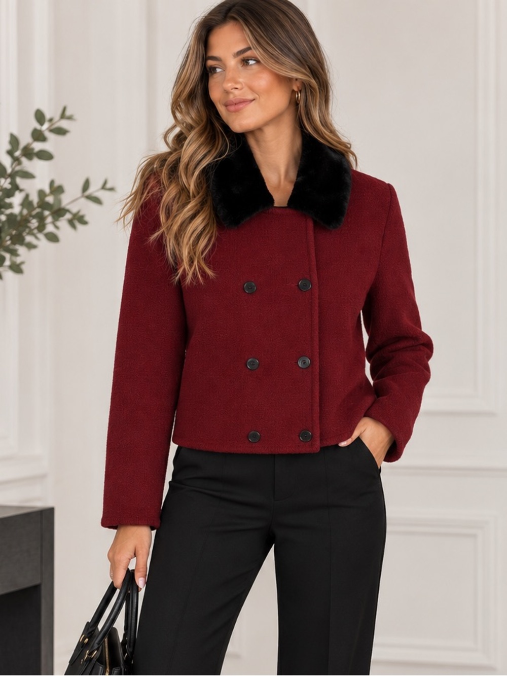 Lord & Taylor Burgundy Double Breasted Faux Fur Sweater Jacket 100% Wool M NWOT